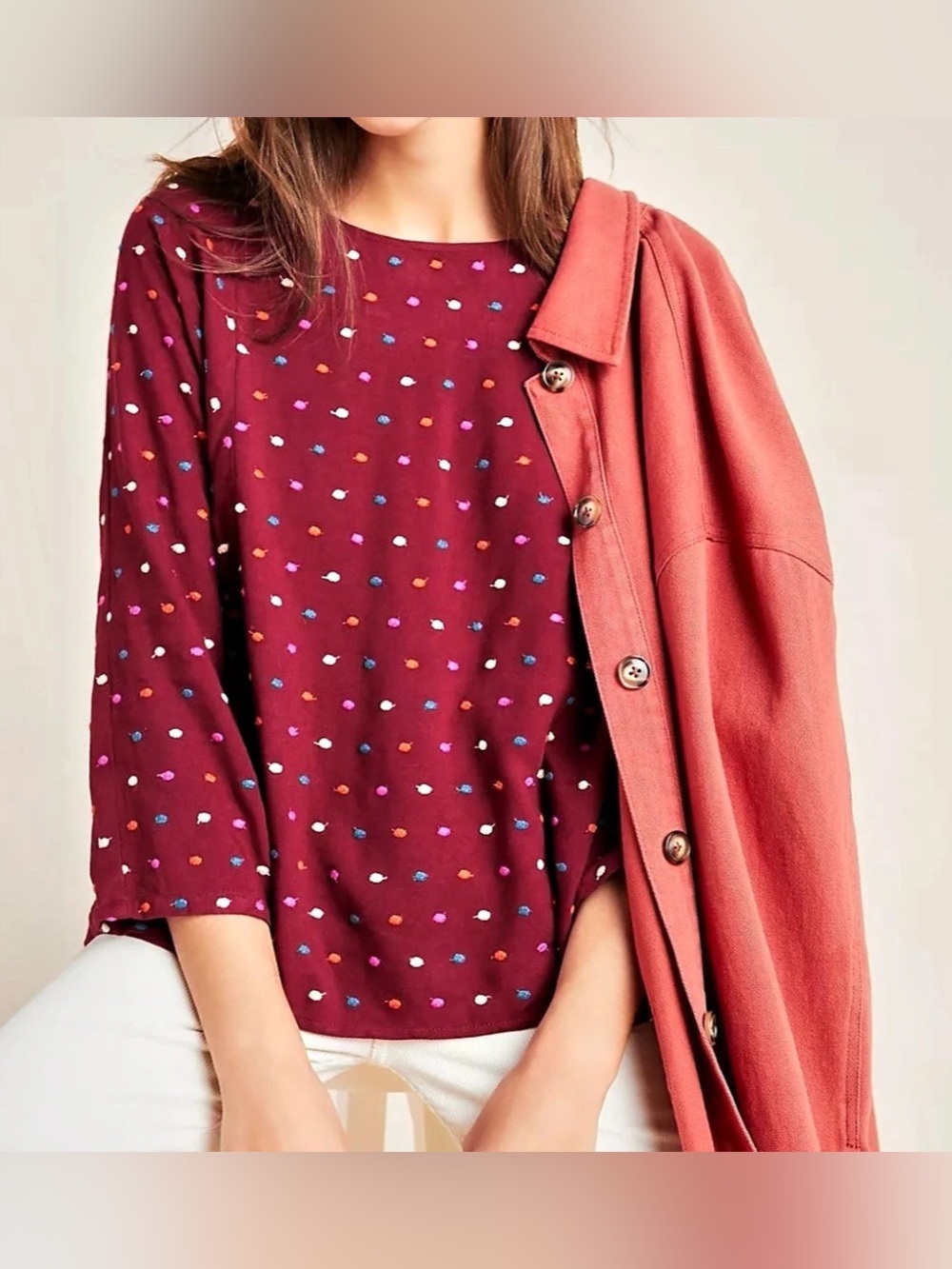 Maeve by Anthropologie Maroon & Multicolor Polka Dotted Blouse - Size XL